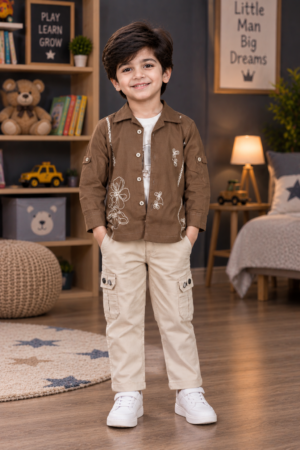 11892FL Imported Cotton Shirt Set for Boys – Premium Floral Detail Cargo Outfit 11892FL -266-BWN