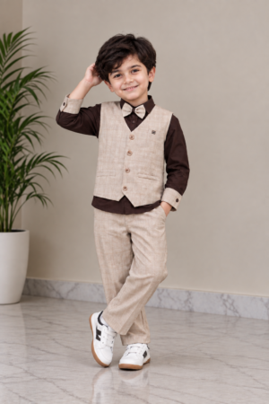 9054PL Imported Cotton Pant Suit for Boys – Premium Waistcoat Party Wear Set 9054PL-414-BEG