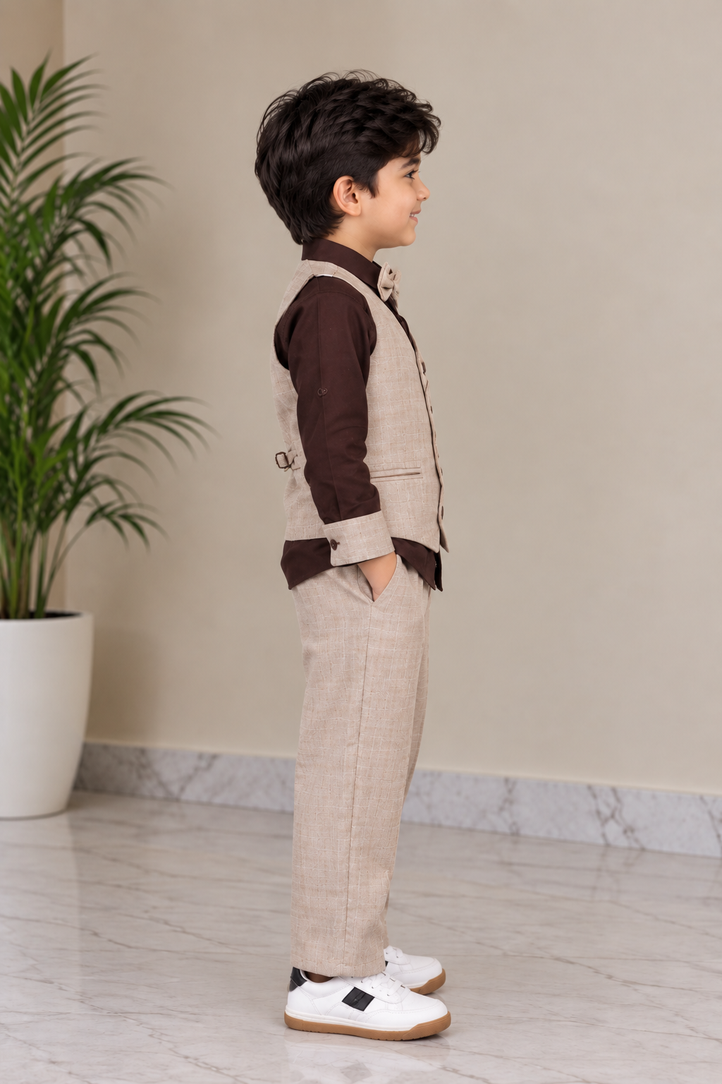 9054PL Imported Cotton Pant Suit for Boys – Premium Waistcoat Party Wear Set 9054PL-414-BEG - Image 4