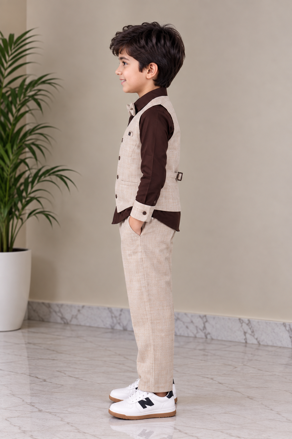 9054PL Imported Cotton Pant Suit for Boys – Premium Waistcoat Party Wear Set 9054PL-414-BEG - Image 3