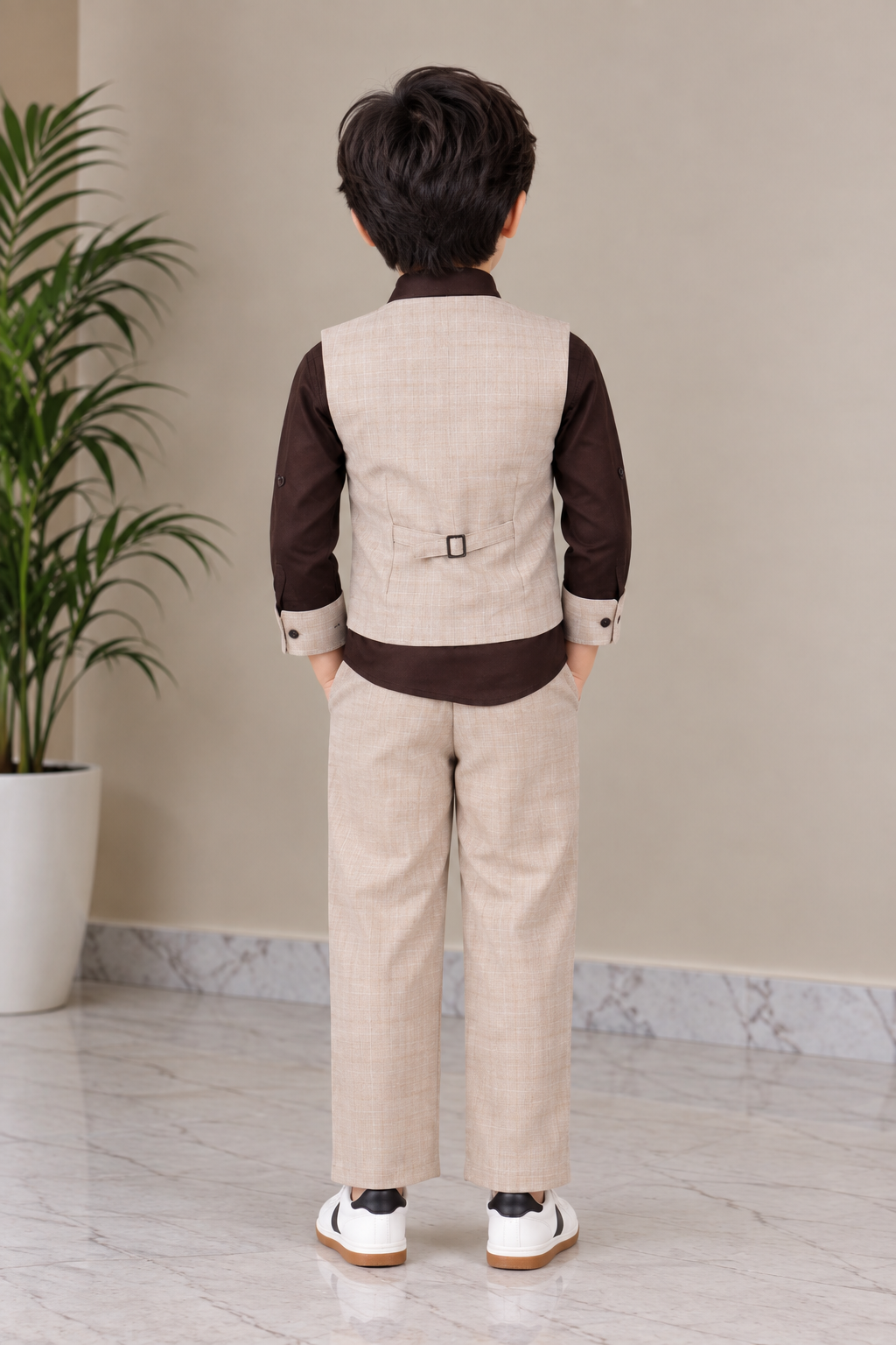 9054PL Imported Cotton Pant Suit for Boys – Premium Waistcoat Party Wear Set 9054PL-414-BEG - Image 5
