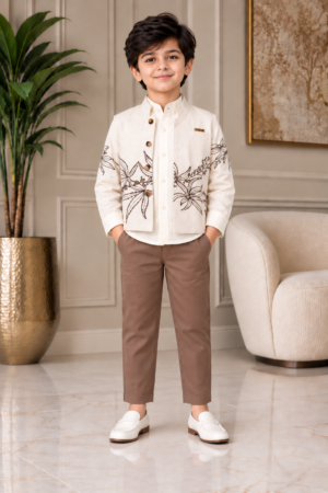 11976FL Imported Cotton Pant Suit for Boys – Premium Embroidered Jacket Style Set 11976FL-266-CRM