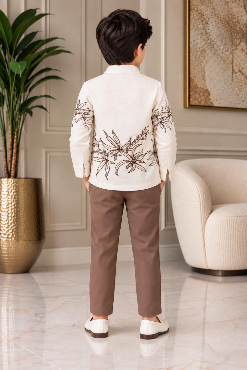 11976FL Imported Cotton Pant Suit for Boys – Premium Embroidered Jacket Style Set 11976FL-266-CRM - Image 5