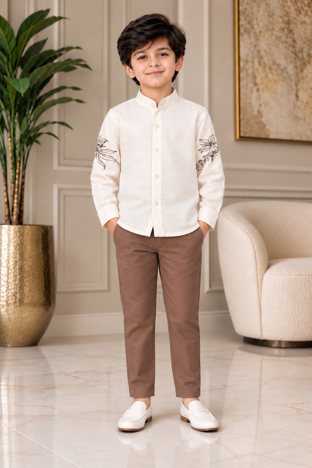 11976FL Imported Cotton Pant Suit for Boys – Premium Embroidered Jacket Style Set 11976FL-266-CRM - Image 2