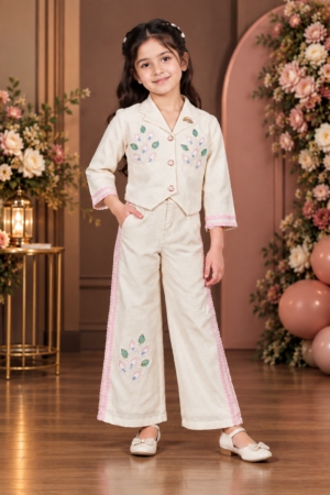 757EM Girls’ Premium Cotton Embroidered Co-ord Set – Blazer & Wide-Leg Pants 757EM-450-PNK