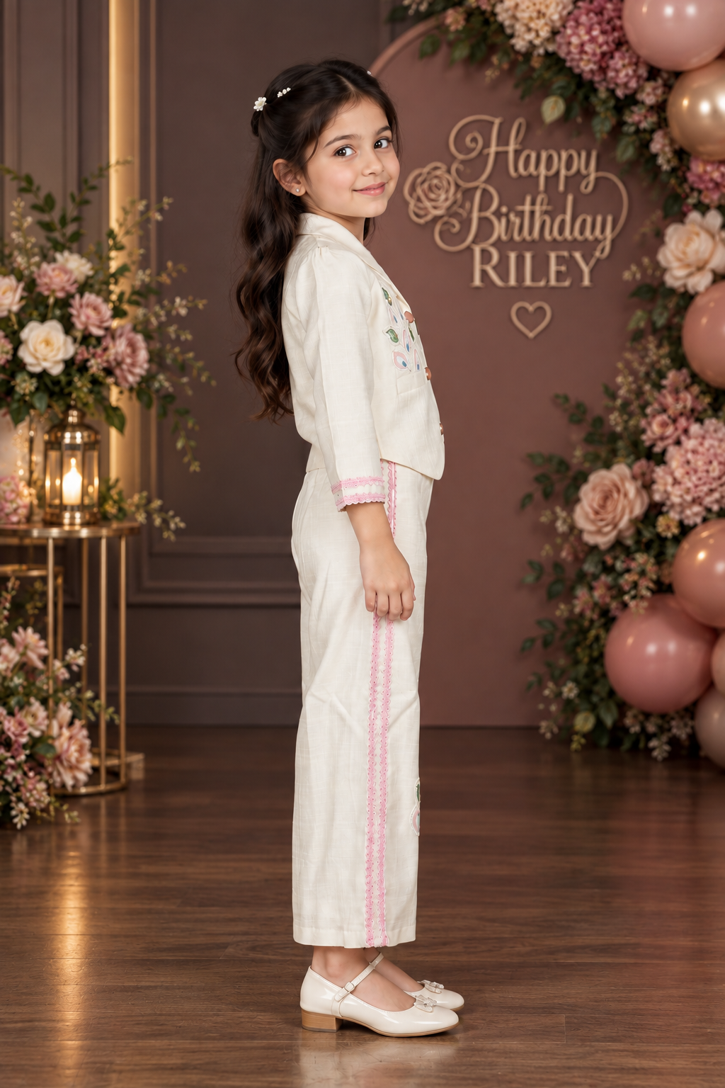 757EM Girls’ Premium Cotton Embroidered Co-ord Set – Blazer & Wide-Leg Pants 757EM-450-PNK - Image 4