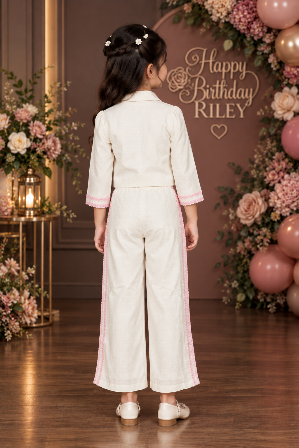 757EM Girls’ Premium Cotton Embroidered Co-ord Set – Blazer & Wide-Leg Pants 757EM-450-PNK - Image 3