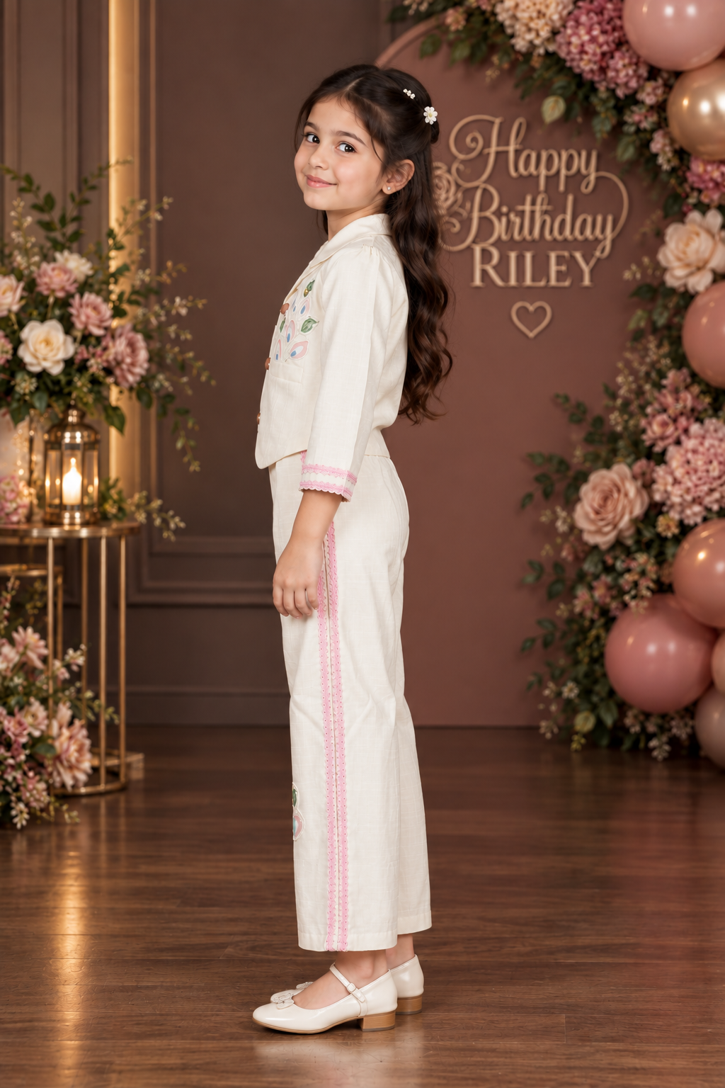 757EM Girls’ Premium Cotton Embroidered Co-ord Set – Blazer & Wide-Leg Pants 757EM-450-PNK - Image 2