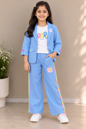 1289FL Girls’ Premium Cotton Floral Blazer Co-ord Set – Blue 1289FL-450-BLU