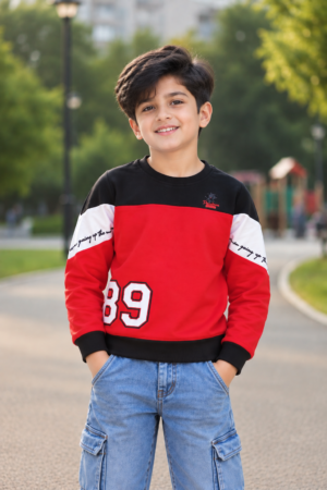 7258PL Premium Boys Red Colour-Block Hosiery Cotton T-Shirt – Full Sleeve Casual Sweatshirt 7258PL-414-RED
