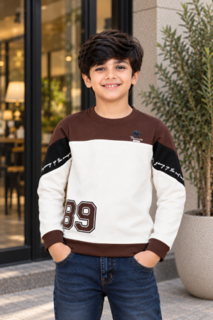 7258PL Premium Boys Brown & White Colour-Block Hosiery Cotton T-Shirt – Full Sleeve Casual Wear 7258PL-414-CRM
