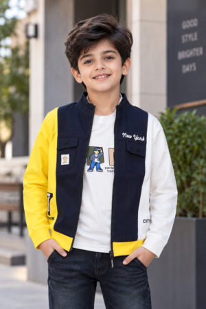 8702DNM Premium Boys Navy, Yellow & White Hosiery Cotton Jacket – Full Sleeve Casual Wear 8702DNM-27-YLW