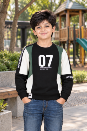 8819LT Boys Premium Hosiery Cotton Colour-Block Full-Sleeve T-Shirt – Black, Green & White 8819LT-27-BLK