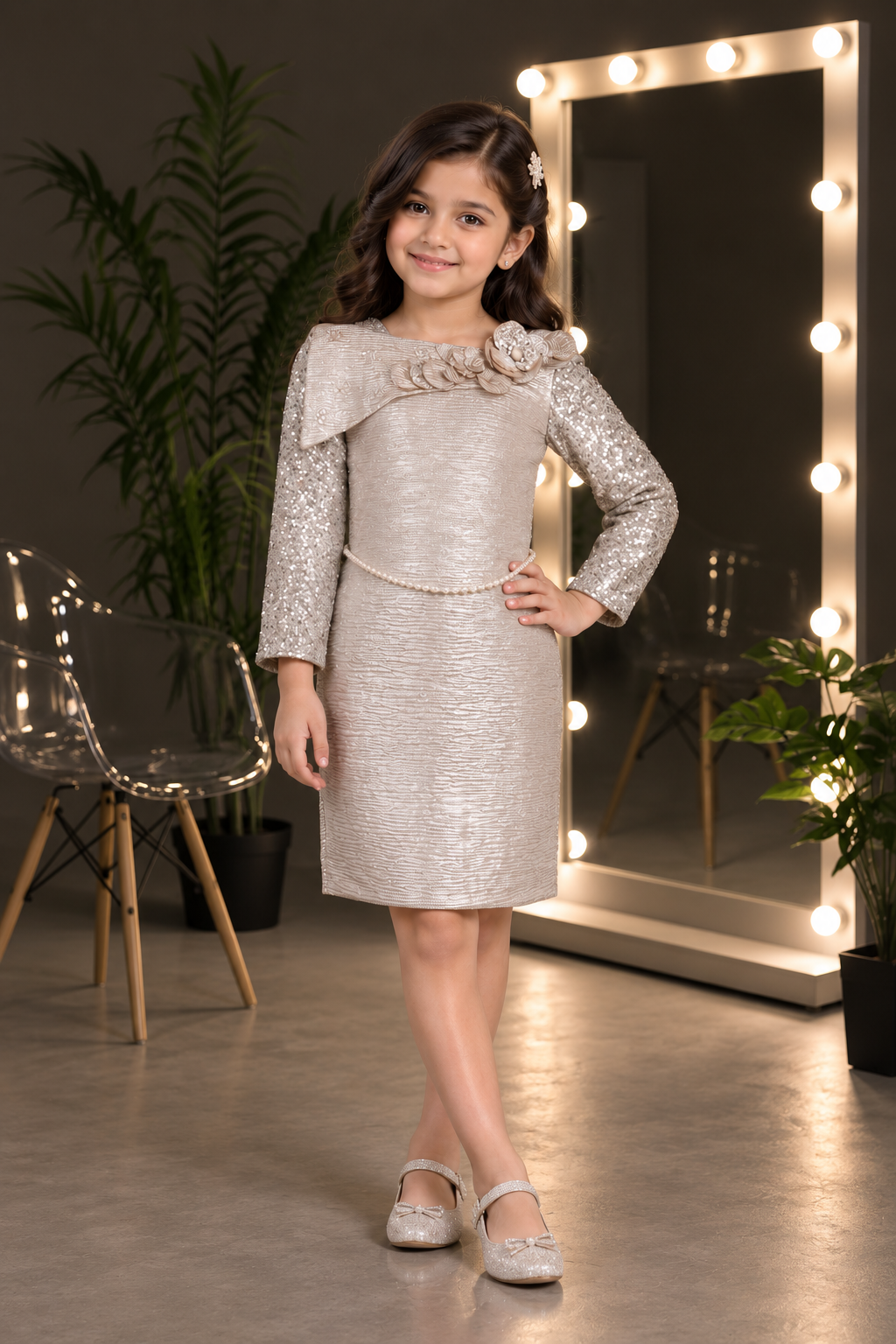 3085EM Premium Imported Shimmer Girls Floral Shoulder Middy Dress 3085EM-38-FWN