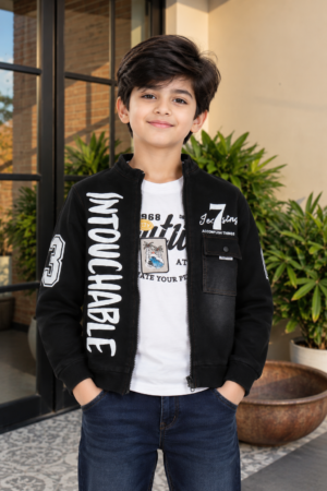 8981LT Boys Premium Hosiery Cotton Black Graphic Zip-Up T-Shirt Jacket 8981LT-27-BLK