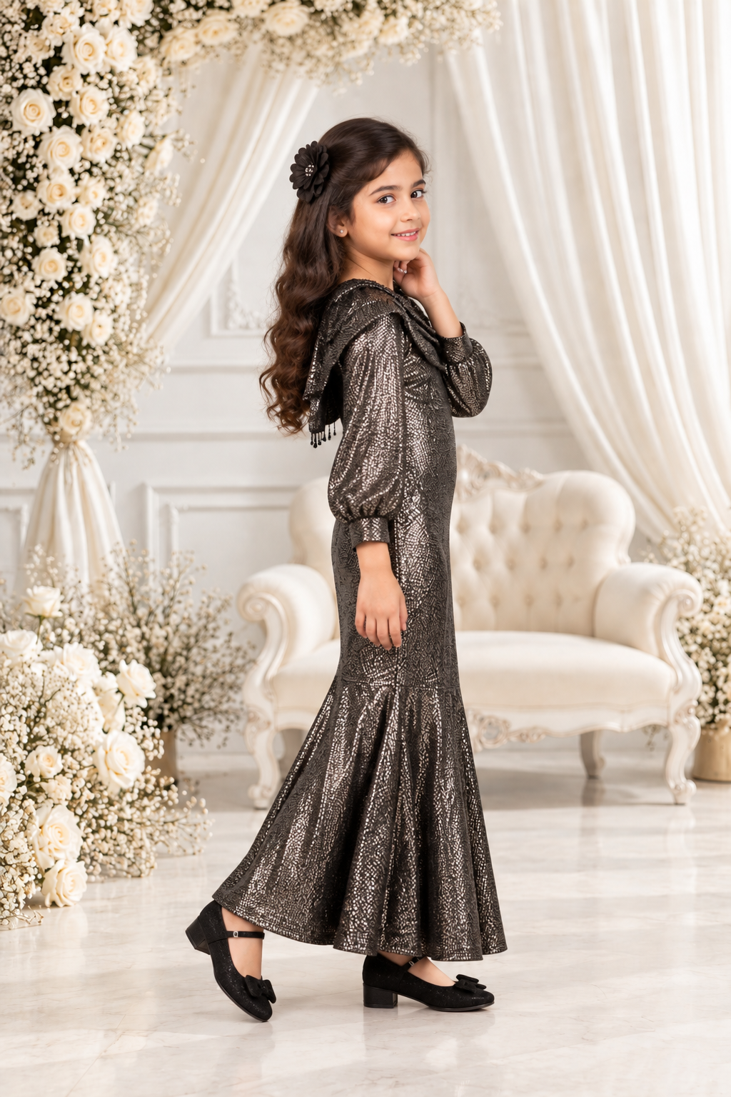 3138EM Imported Shimmer Party Wear Girls Middy Dress 3138EM-38-GLD - Image 3