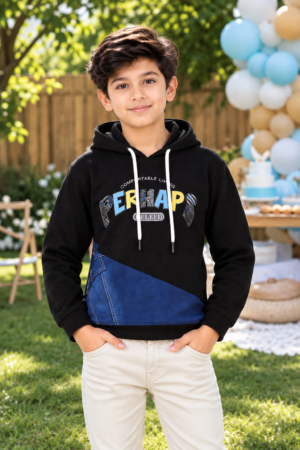 9263LT Boys Premium Hosiery Cotton Black & Blue Color-Block Hooded T-Shirt 9263LT-62-BLK
