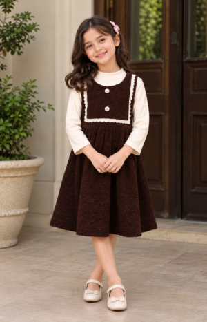 6050PL Girls’ Premium Imported Embroidered Middy Dress 6050PL-255-BWN