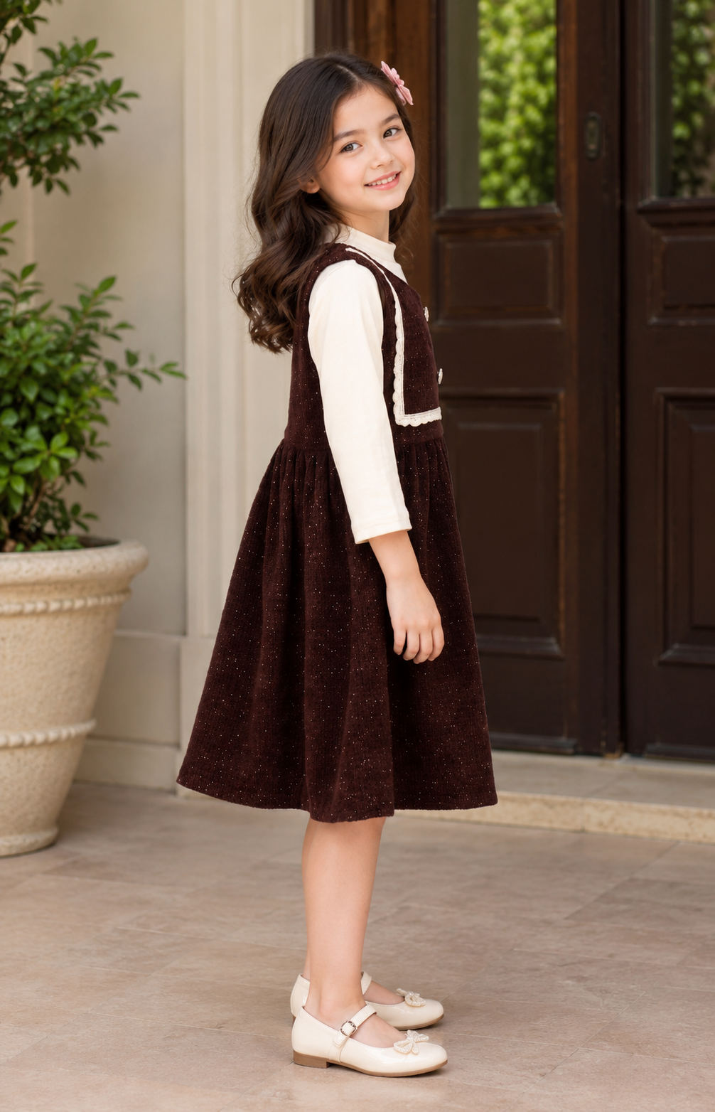 6050PL Girls’ Premium Imported Embroidered Middy Dress 6050PL-255-BWN - Image 2