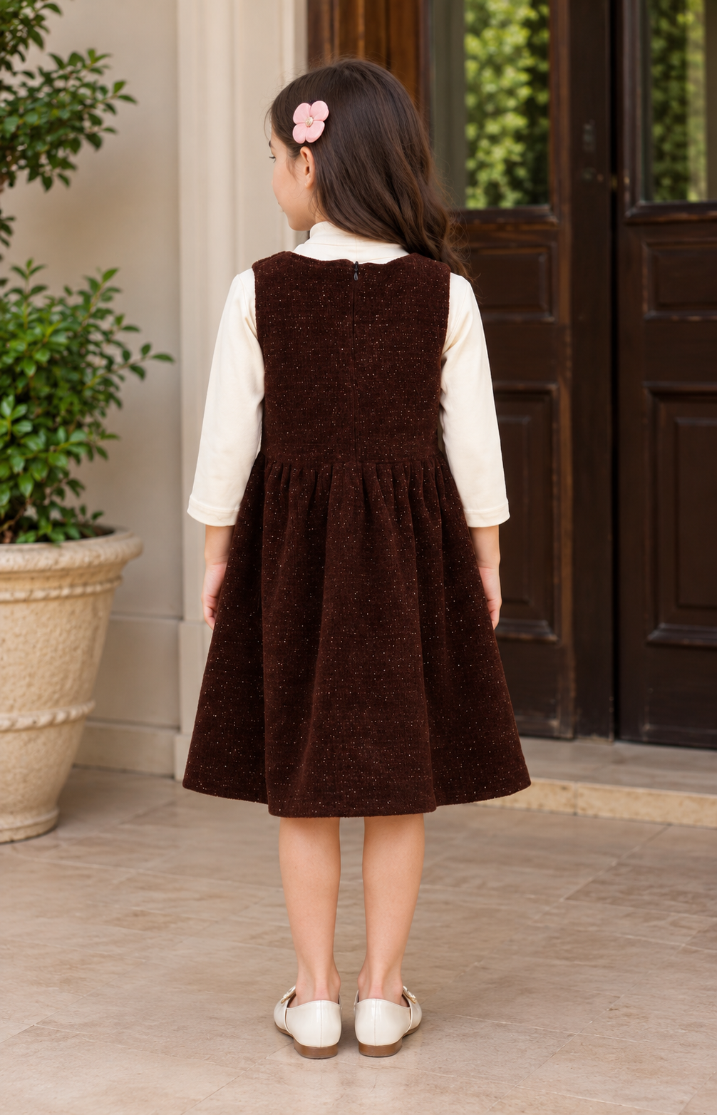6050PL Girls’ Premium Imported Embroidered Middy Dress 6050PL-255-BWN - Image 4
