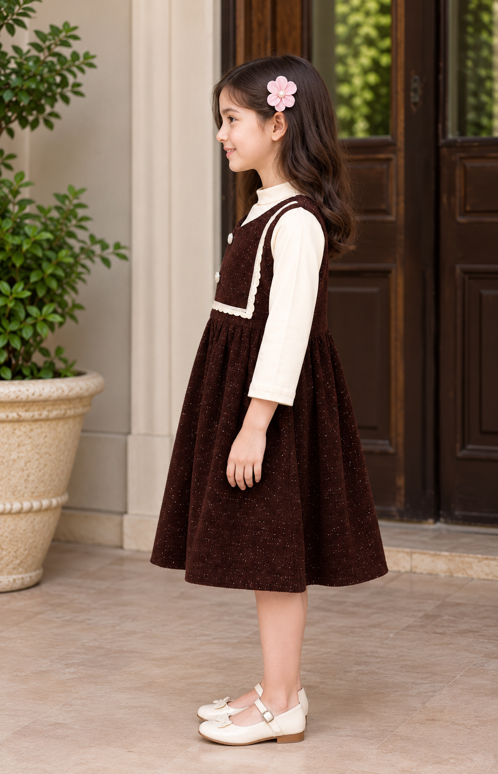 6050PL Girls’ Premium Imported Embroidered Middy Dress 6050PL-255-BWN - Image 3