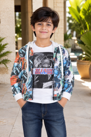 9828PR Boys Premium Hosiery Cotton Anime Graphic T-Shirt with Printed Hooded Jacket 9828PR-62-GRN