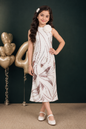 26068EM Jorjhat Sequin Floral Girls Long Party Wear Middy Dress 26068EM-450-WHT