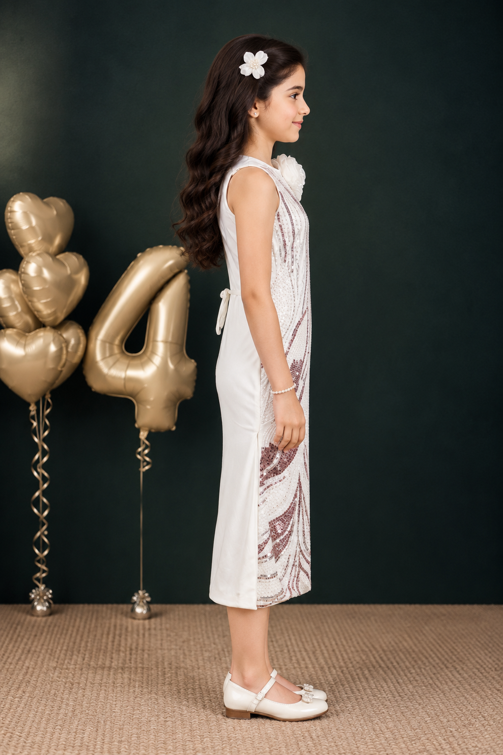 26068EM Jorjhat Sequin Floral Girls Long Party Wear Middy Dress 26068EM-450-WHT - Image 4