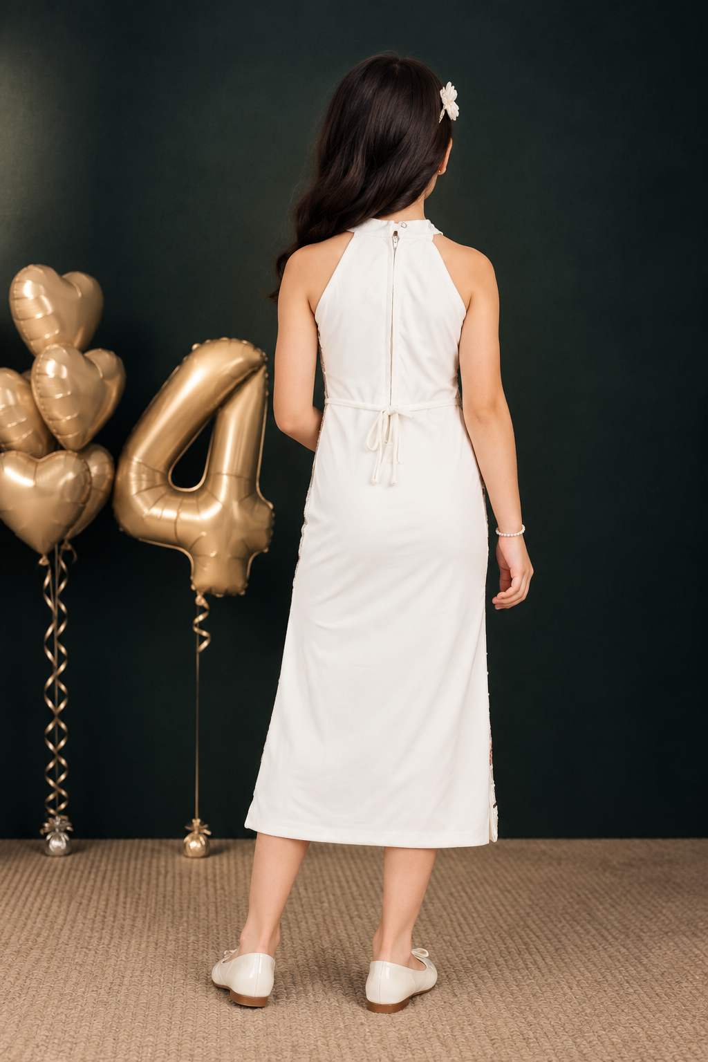 26068EM Jorjhat Sequin Floral Girls Long Party Wear Middy Dress 26068EM-450-WHT - Image 3