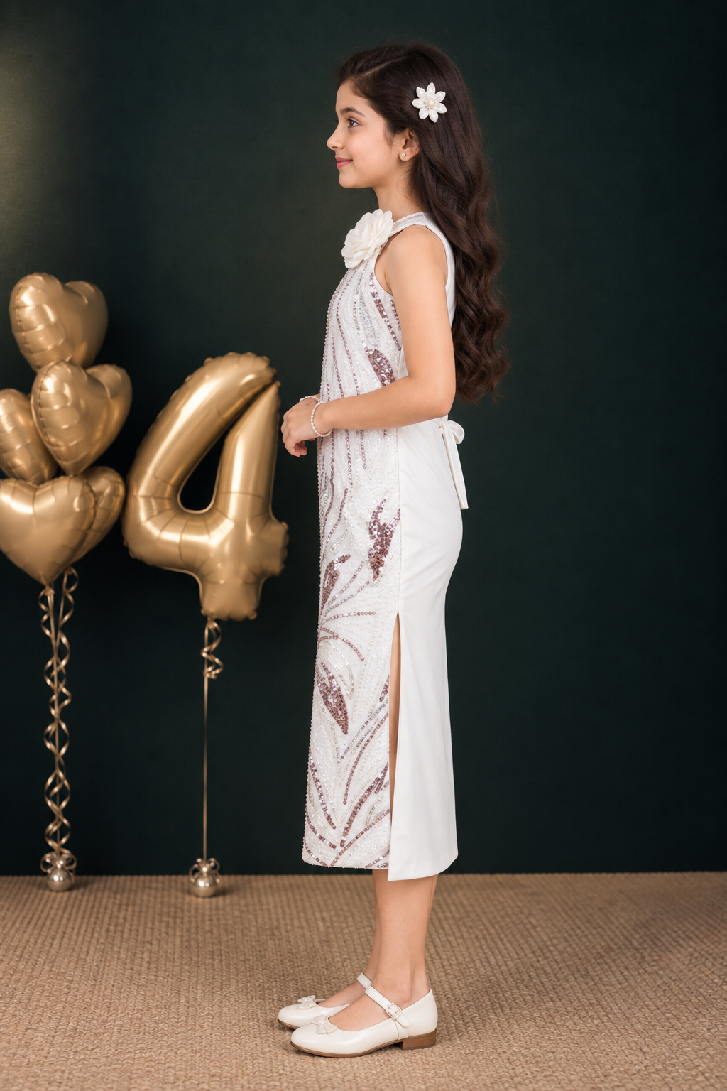 26068EM Jorjhat Sequin Floral Girls Long Party Wear Middy Dress 26068EM-450-WHT - Image 2