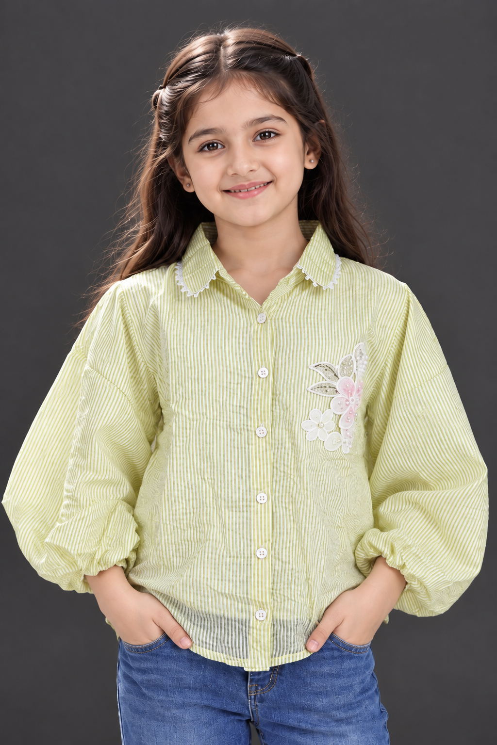545LN Imported Striped Floral Embroidered Girls Balloon Sleeve Top 545LN-24-GRN