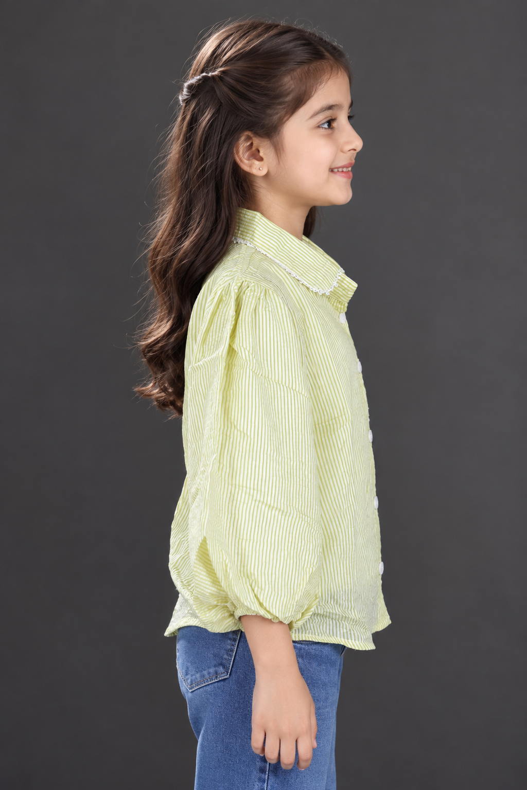 545LN Imported Striped Floral Embroidered Girls Balloon Sleeve Top 545LN-24-GRN - Image 4