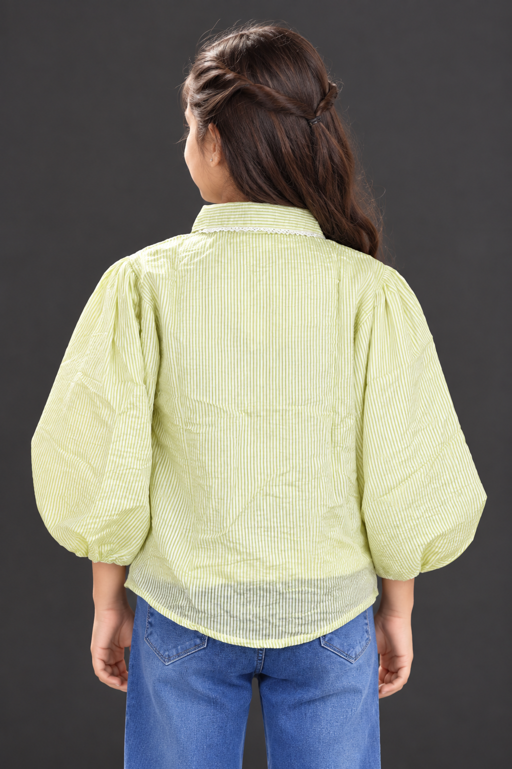 545LN Imported Striped Floral Embroidered Girls Balloon Sleeve Top 545LN-24-GRN - Image 3