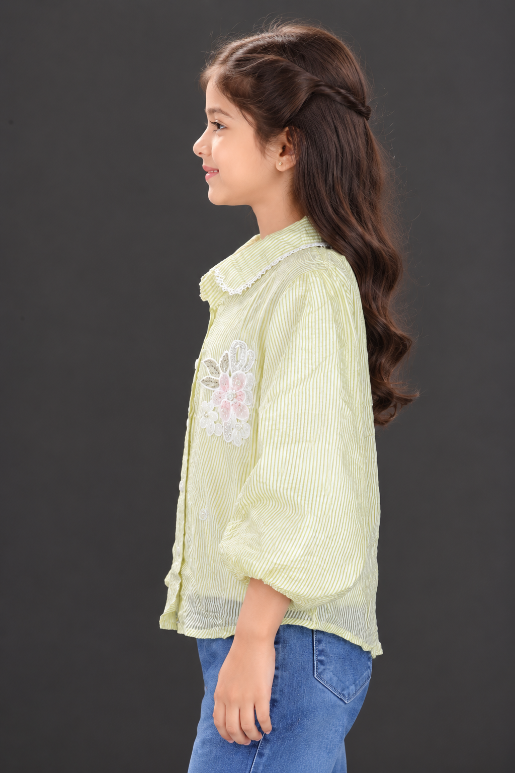 545LN Imported Striped Floral Embroidered Girls Balloon Sleeve Top 545LN-24-GRN - Image 2