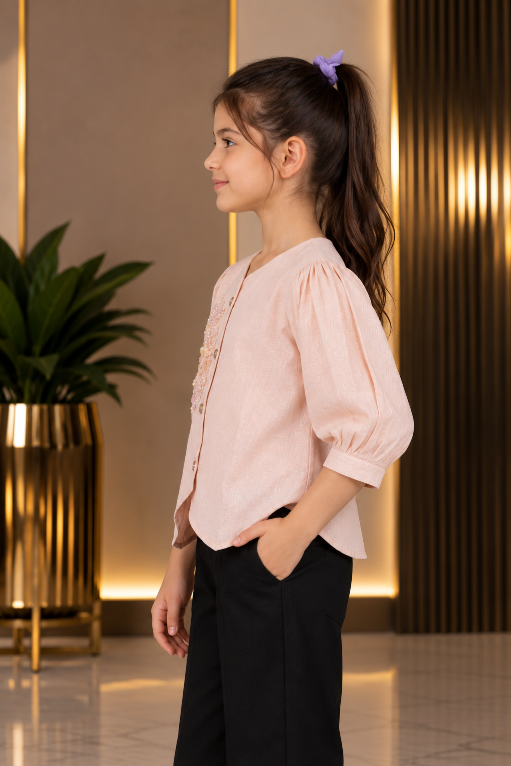 SG70FL Girls’ Imported Embroidered Button-Front Top – Stylish Party & Casual Wear SG70FL-447-PCH - Image 2