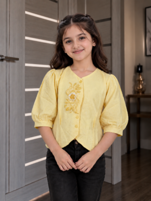 SG78EM SG70FL Girls’ Imported Embroidered Puff-Sleeve Top – Elegant Yellow Casual Wear SG78EM-447-YLW SG70FL-447-YLW