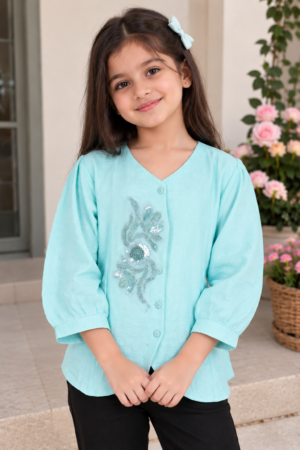 SG78EM Girls’ Imported Embroidered Top – Stylish Mint Blue Button-Front Casual Wear SG78EM-447-SKY