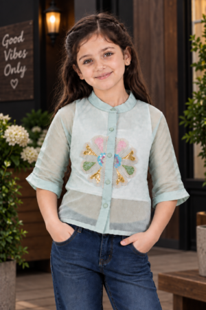 SG75PL Girls’ Imported Butterfly Embroidered Top – Stylish Button-Front Casual Wear SG75PL-447-CGRN
