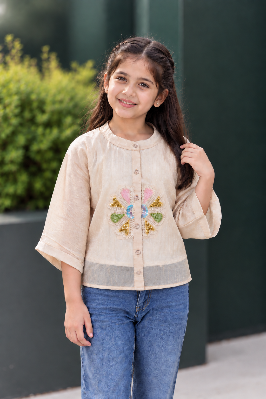 SG75PL Girls’ Imported Embroidered Button-Front Top – Stylish Floral Casual Wear SG75PL-447-FWN