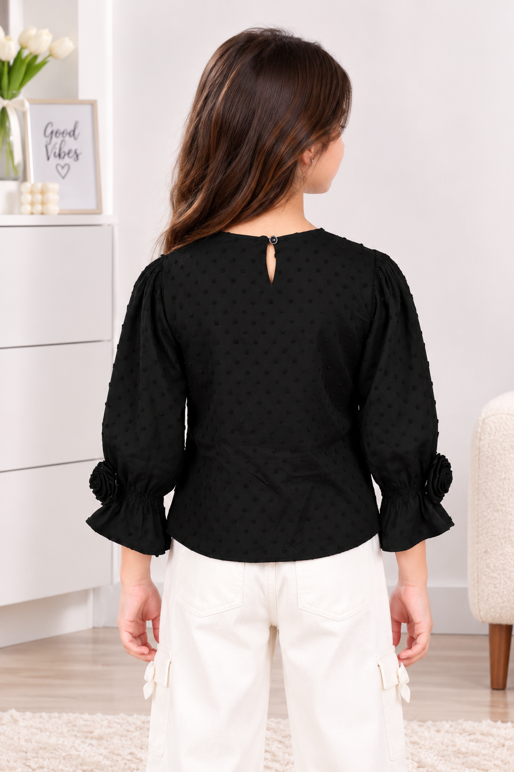 T1001FL GIRLS’ STYLISH BLACK ROSE DETAIL FULL-SLEEVE TOP T1001FL-218-BLK - Image 4