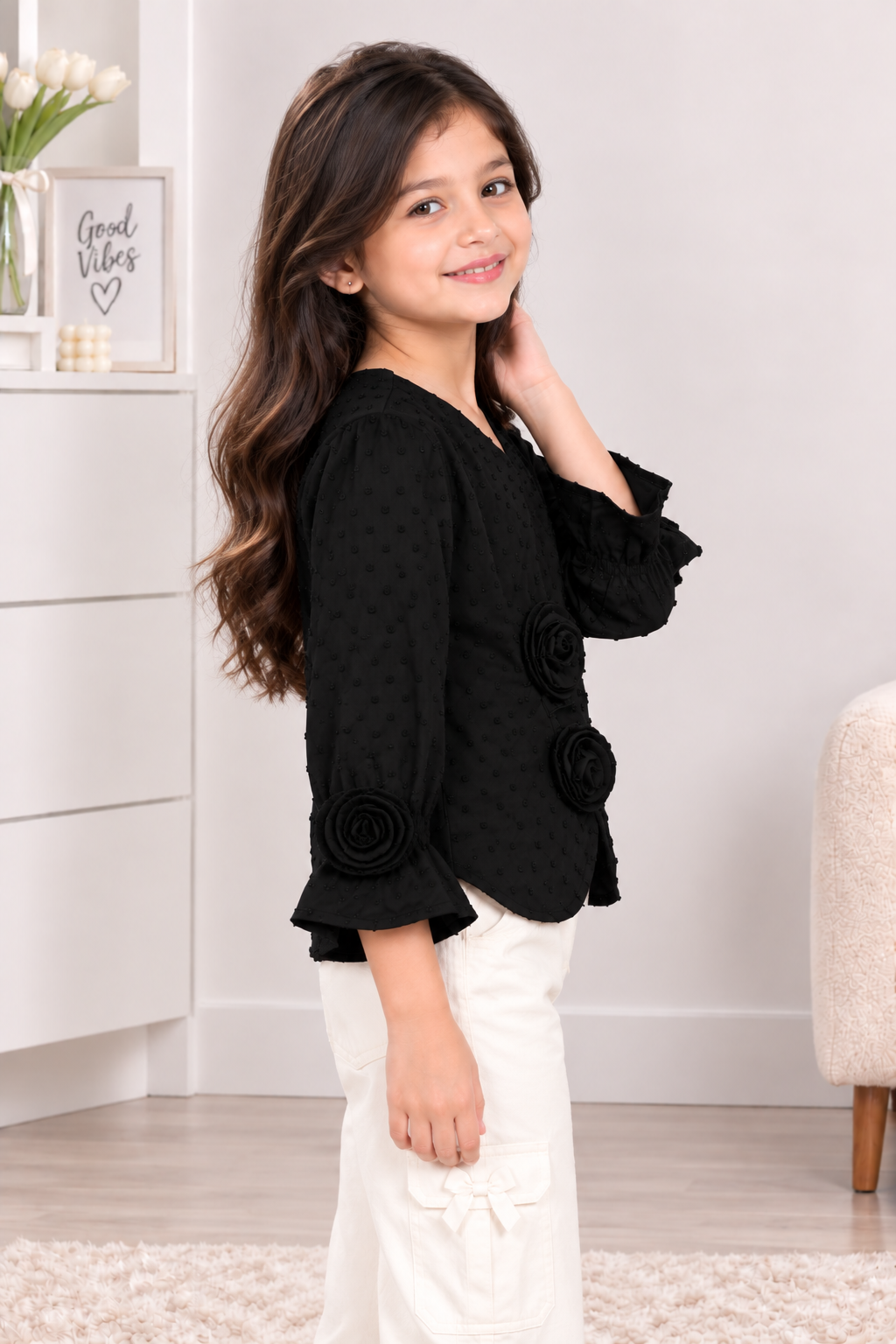 T1001FL GIRLS’ STYLISH BLACK ROSE DETAIL FULL-SLEEVE TOP T1001FL-218-BLK - Image 3
