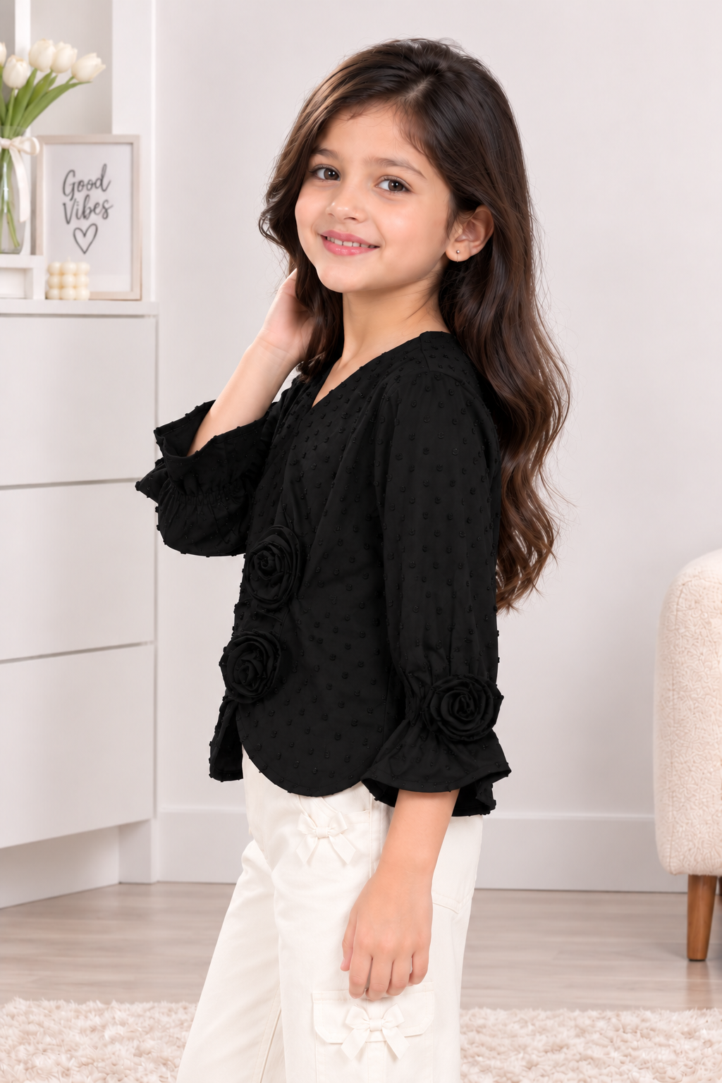 T1001FL GIRLS’ STYLISH BLACK ROSE DETAIL FULL-SLEEVE TOP T1001FL-218-BLK - Image 2