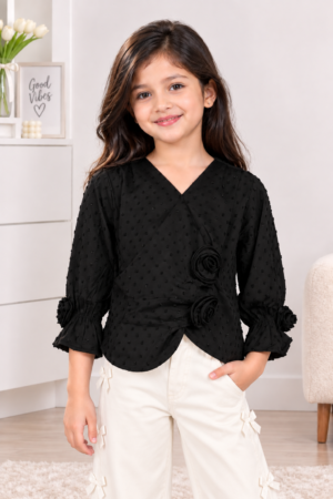 T1001FL GIRLS’ STYLISH BLACK ROSE DETAIL FULL-SLEEVE TOP T1001FL-218-BLK