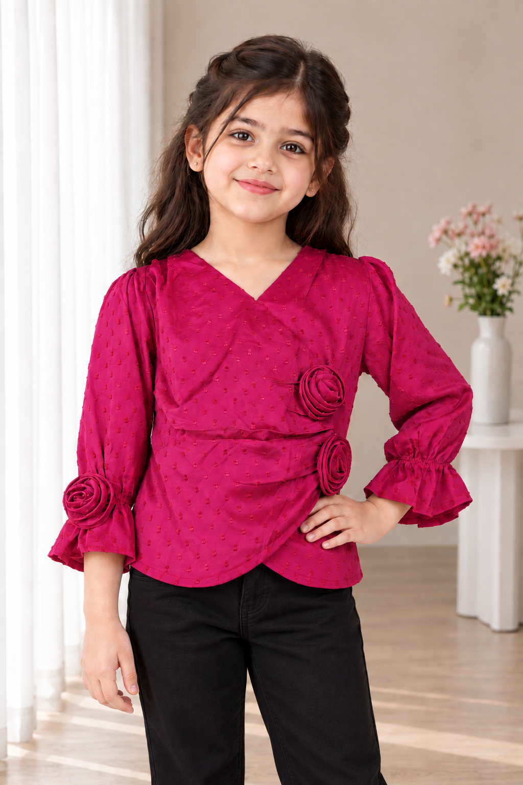 T1001FL GIRLS’ STYLISH ROSE DETAIL WRAP-STYLE TOP T1001FL-218-RNI