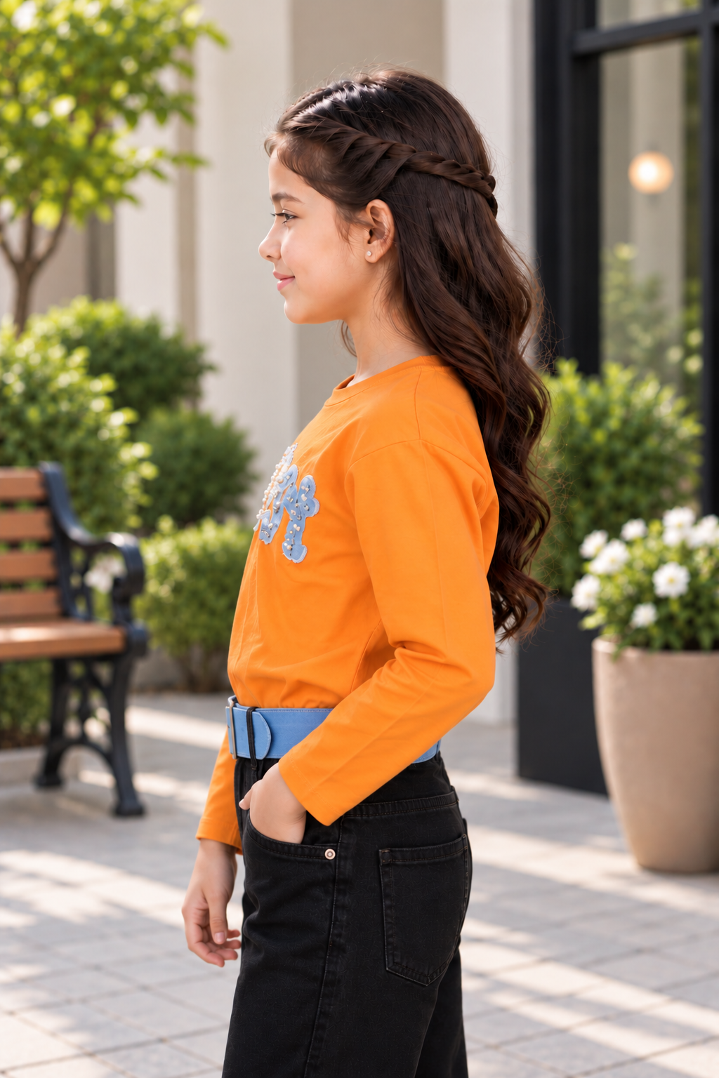 4561EM GIRLS’ STYLISH DENIM-BELT DETAIL FULL-SLEEVE TOP 4561EM-414-ORG - Image 3