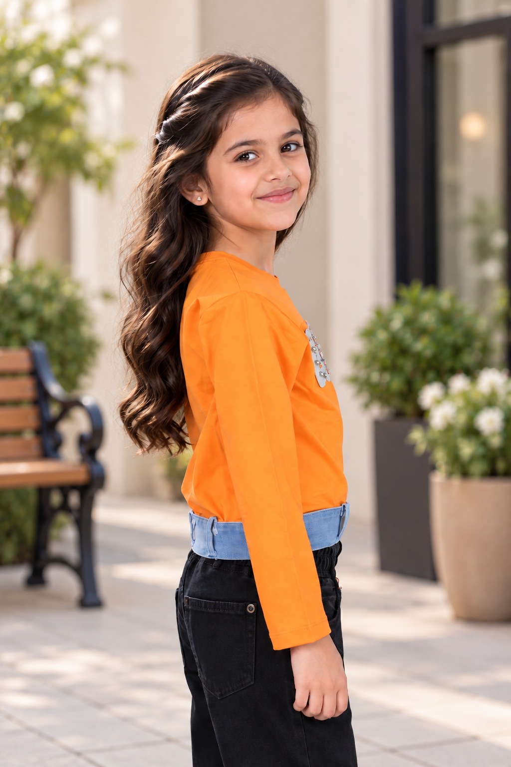 4561EM GIRLS’ STYLISH DENIM-BELT DETAIL FULL-SLEEVE TOP 4561EM-414-ORG - Image 4