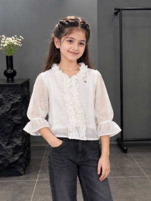 05/577PL GIRLS’ ELEGANT RUFFLE LACE FULL-SLEEVE TOP 05/577PL-29-WHT