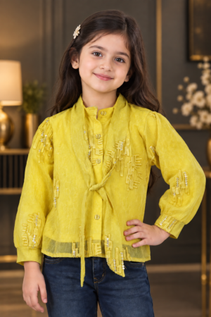 2702EM Girls Imported Fabric Embellished Tie-Up Shrug Top – Yellow 2702EM-462-YLW