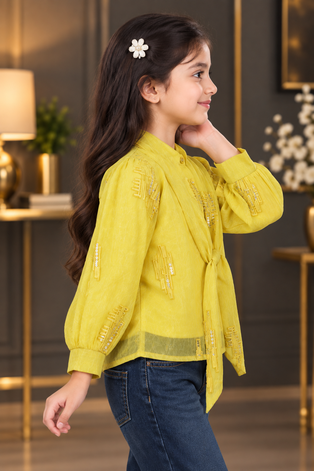 2702EM Girls Imported Fabric Embellished Tie-Up Shrug Top – Yellow 2702EM-462-YLW - Image 4
