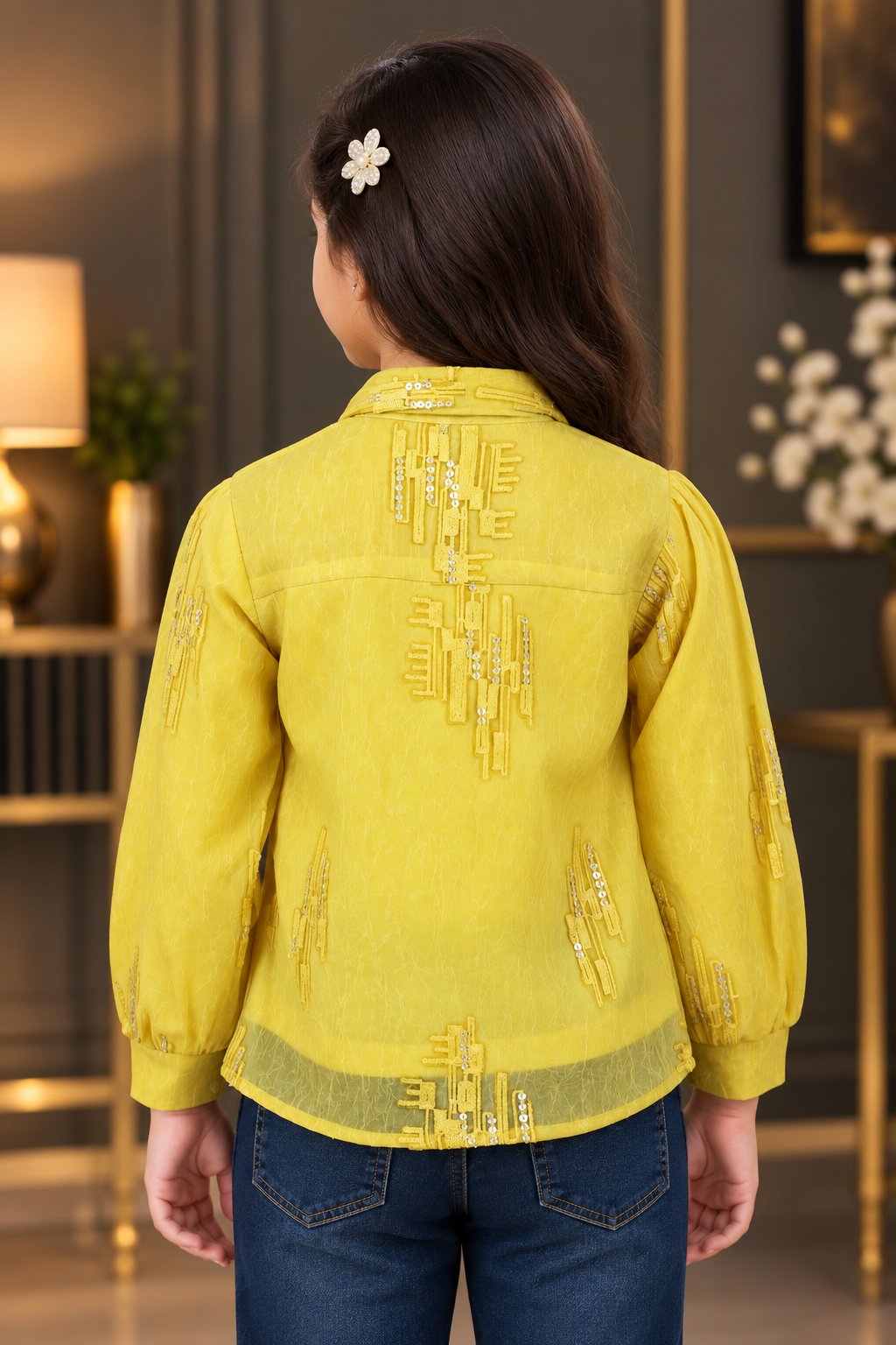 2702EM Girls Imported Fabric Embellished Tie-Up Shrug Top – Yellow 2702EM-462-YLW - Image 3